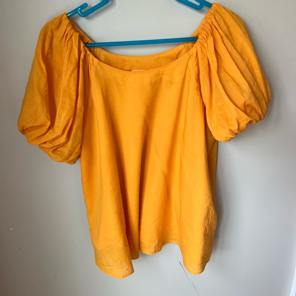 Maeve Anthropologie Golden Yellow Puff-Sleeve Linen Top